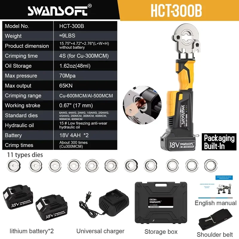 Electric Crimping Pliers Industrial HCT-300B Rotatable Clamp Head With 2 Li-battery for Power Construction