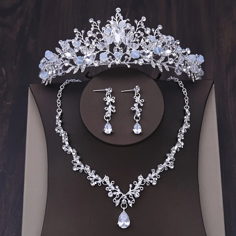 3 Pcs Baroque Crystal Bridal Jewelry Set Vintage Gold Color Rhinestone Wedding Tiara Crown Necklace Earring Set For Women Bride