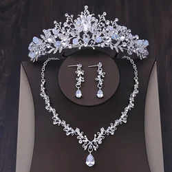 3 Pcs Baroque Crystal Bridal Jewelry Set Vintage Gold Color Rhinestone Wedding Tiara Crown Necklace Earring Set For Women Bride
