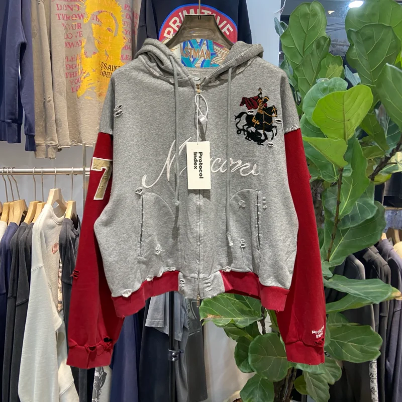 

Мужская толстовка-худи на молнии с вышивкой в американском стиле, с эффектом потертости, дышащая, повседневная, с длинными рукавами, из хлопка