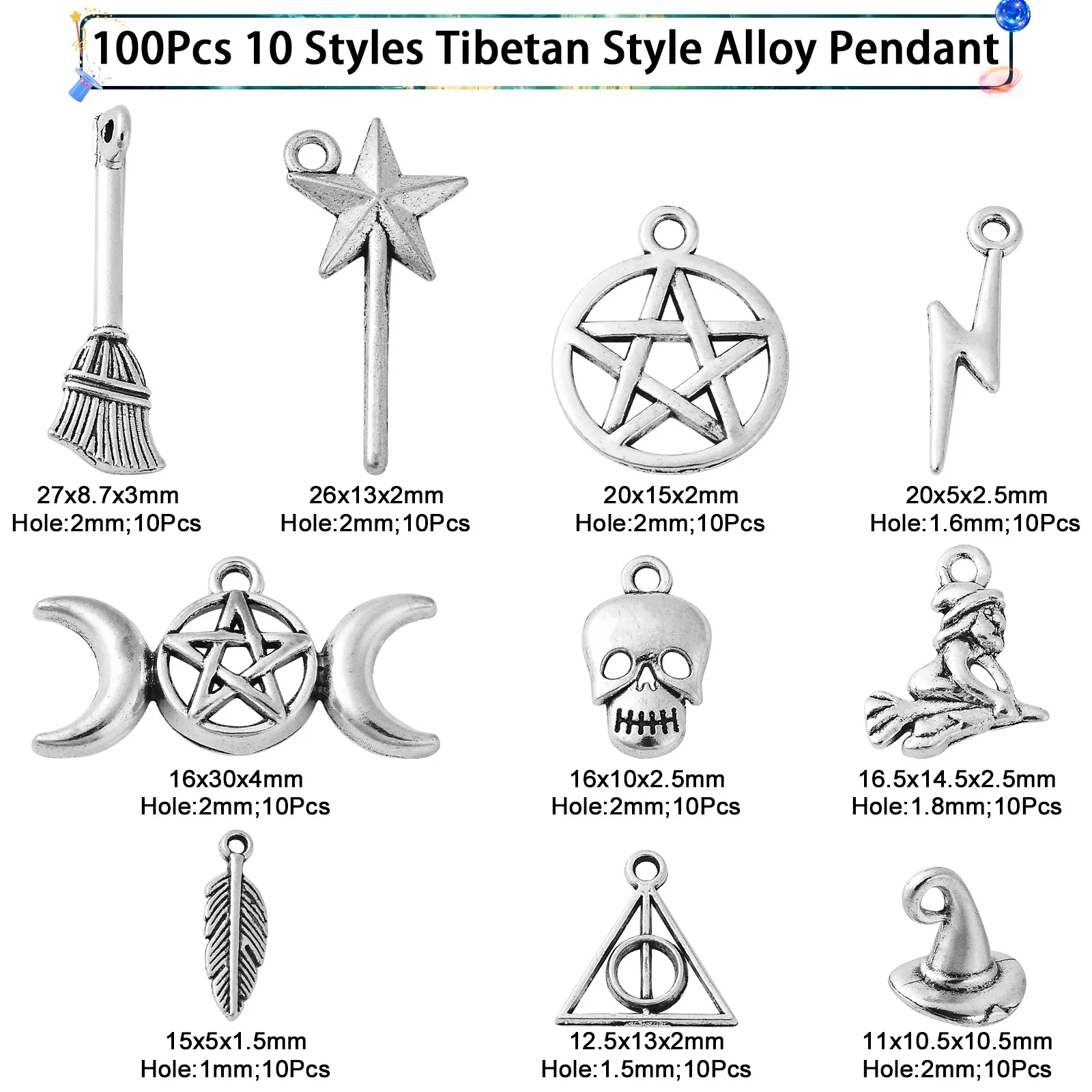 Pandahall 100Pcs 10 Styles Magic Theme Charms Tibetan Style Magician Magic Stick Feather Charms for DIY Crafts Jewelry Making