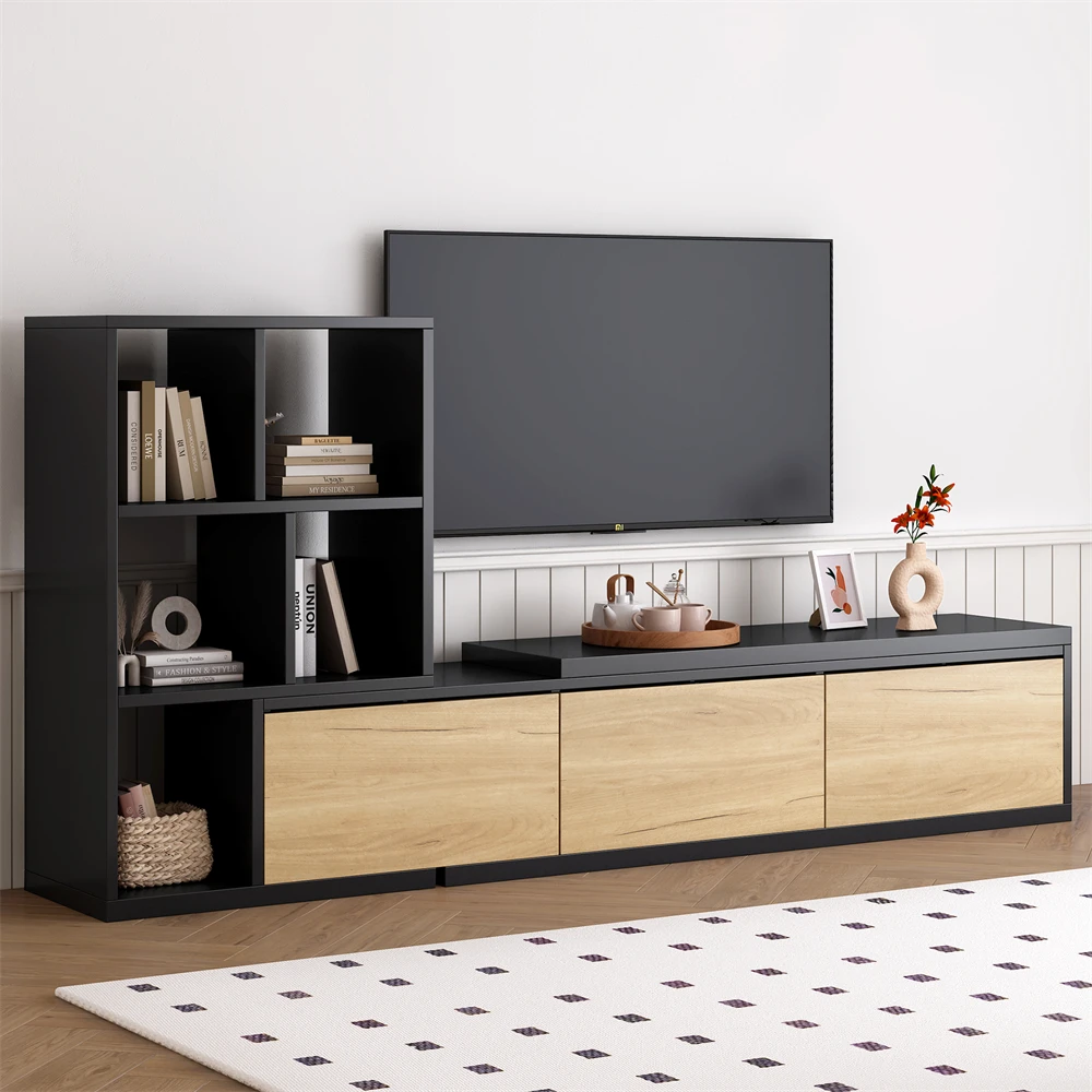 Extendable TV Stand with 3 Tier Bookshelves for TVs Up To 110'', Adjustable Entertainment Center with Storage Cabinets