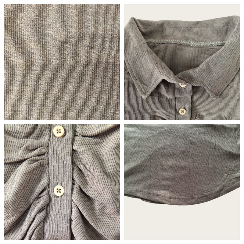 Koreanisches Retro-Style Frühlings- und Herbst-Damenhemd mit schmaler Passform, Kragen, Falten-Design, Knopfleiste vorne, geripptem Stoff, langärmeliges kurzes Oberteil. – Detail 3