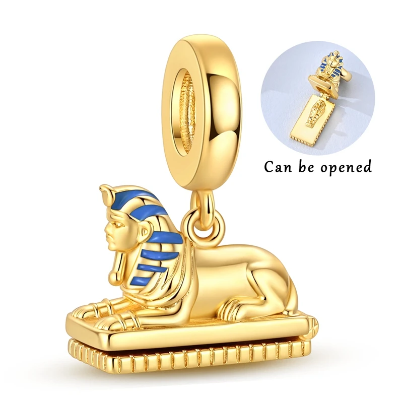 925 Sterling Silver Sphinx Openable Locket Dangle Charm Bead Egyptian Blue Enamel Pendant Bead Fit Bracelet Women Jewelry Gift