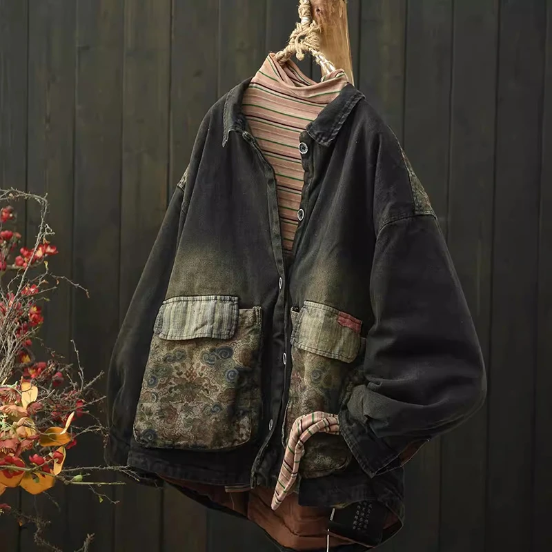 

Thick Warm Denim Jackets Women New 2025 Winter Vintage Style Patchwork Big Pockets Loose Female Casual Outerwear Coats M 2127