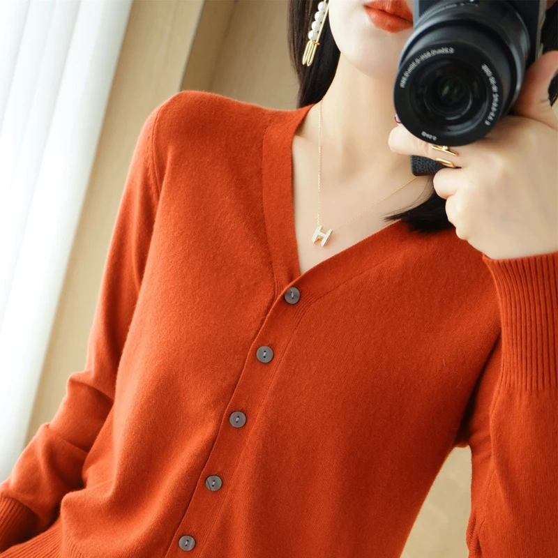 New Women's Knitted Short Sweater V-Neck Spring 2026 Open Cardigan Outerwear Casual Style Regular Sleeve Long Single Piece