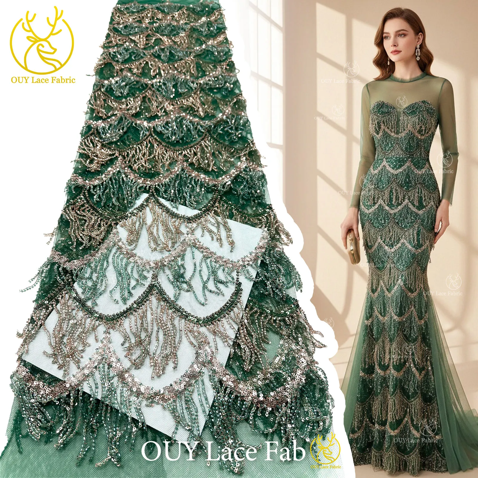

High-End Nigerian 3D Hanging Beaded Lace Fabric 5 Yards High Quality French African Sequins Lace Fabric For Girls Evening Party