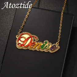 Atoztide Personalized Custom Name Necklace for Women Dripping Oil Letter Stainless Steel Zircon Pendant Nameplate Jewerly Gift