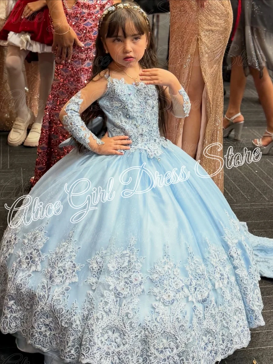 Maßgeschneiderte blaue Blumenmädchenkleider für Hochzeiten, Spitzenapplikationen, Tüll, Prinzessin, Erstkommunion, Kindergeburtstag, Ballkleider