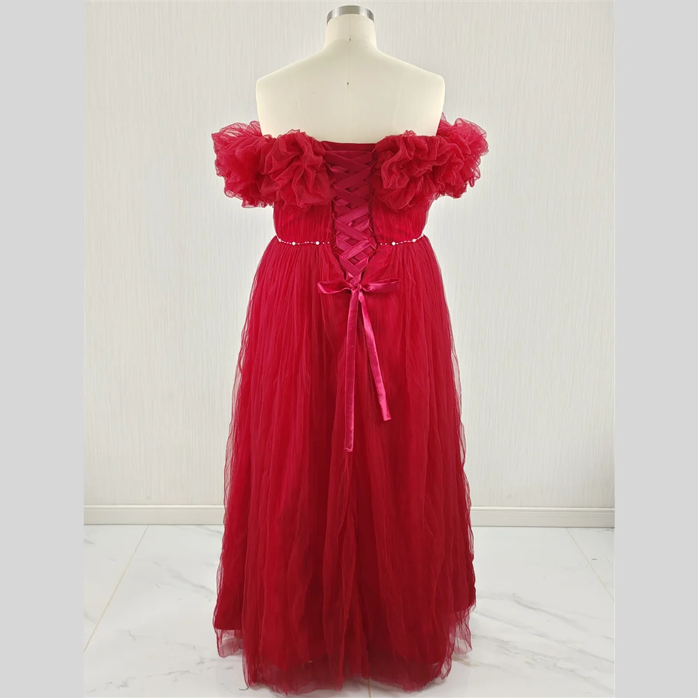 Feelingarden Foto reale Abito da sera personalizzato taglie forti Vino rosso Tulle con spalle scoperte Abiti da festa da donna a trapezio lunghi fino al pavimento