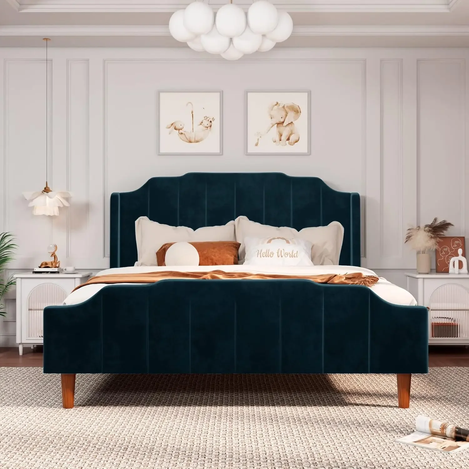 Queen Size Velvet Bed Frame Upholstered Platform Bed with Vertical Headboard and Footboard