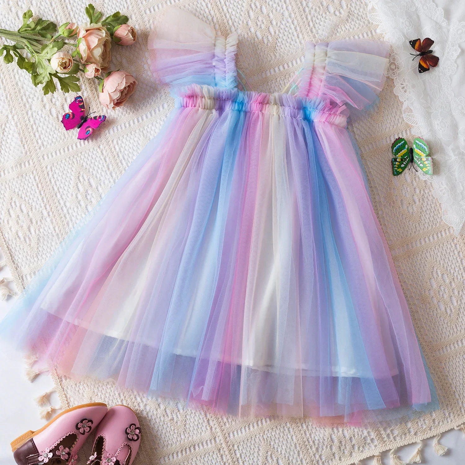 Baby Girl Gradient Rainbow Tulle Sling Dress Back Butterfly Mesh Vestidos Summer Children Wedding Birthday Party Princess Dress