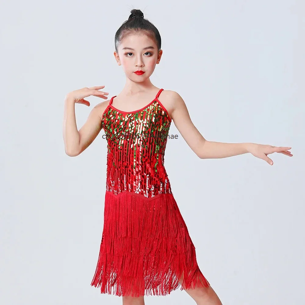 

Mädchen Latin Dance Fringed Skirt Festival Party Performance Skirt Dance Costume Team Stage Performance Costume Suspender Skirts