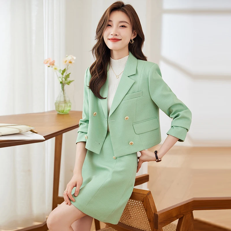 

Green Suit Set for Women, Quality Socialite Elegant Korean Version Blazer Skirt Set, Sophisticated Short Jacket High Quality