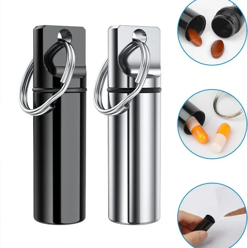 Portable Waterproof Aluminum Pill Box Keychain Carabiner Medicine Case Container Bottle Holder Outdoor Pill Case Vitamin Pillbox