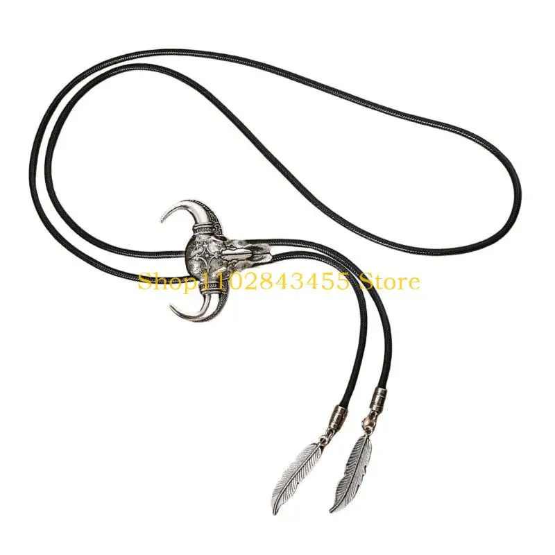 49MC Men's Faux Leather Rope Bolo Tie Western Cowboy Necktie Vintage Turquoises Jewelry Feather Pendant Western Necklace
