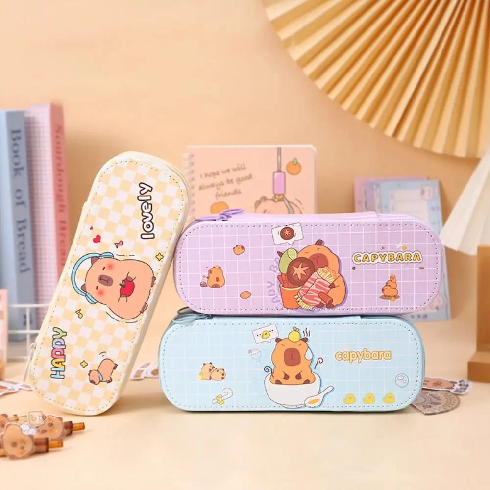 Imagem -02 - Impermeável Kapibala Pencil Case pu Grande Capacidade Armazenamento de Bolsa de Caneta Dupla Cartoon Stationery Box