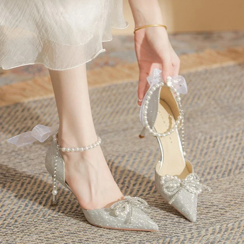 Women High Heeled Sandals Summer Fashion Bow Pearl Woman Pointed Toe Pumps Elegant Woman Sandals Party Lady Shoes