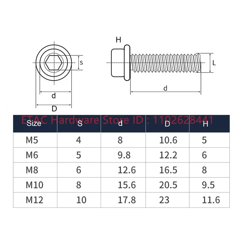 M5 M6 M8 M10 M12 304 Stainless Steel Hex Socket Round Flange Head With Washer Collar Screw Bolt Fastener vis tete creuse