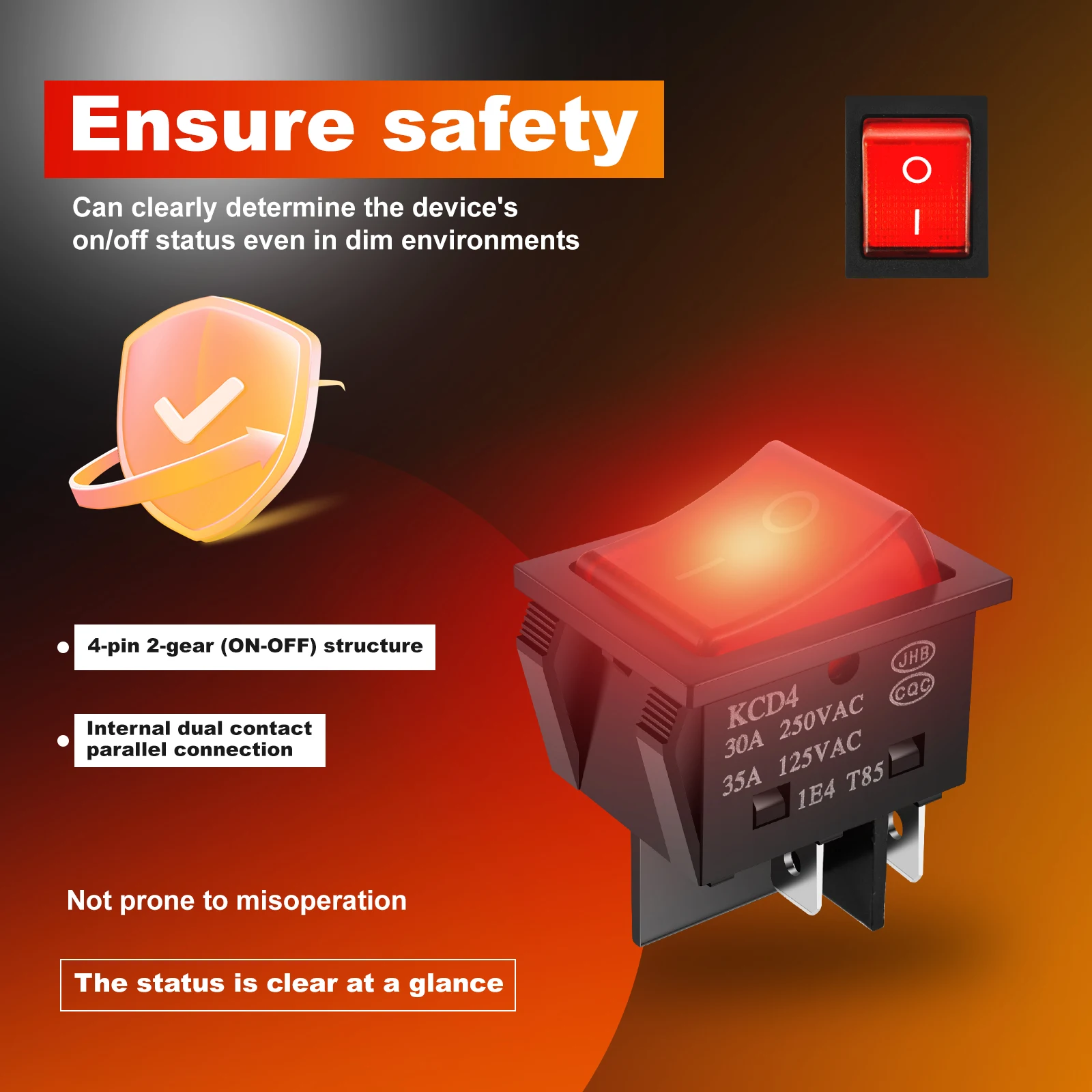4 قطعة 30A 250 فولت الروك التبديل 4 دبوس الأحمر LED مضاءة تشغيل/إيقاف الروك تبديل التبديل DPST للمعدات الصناعية سيارة السفينة #4