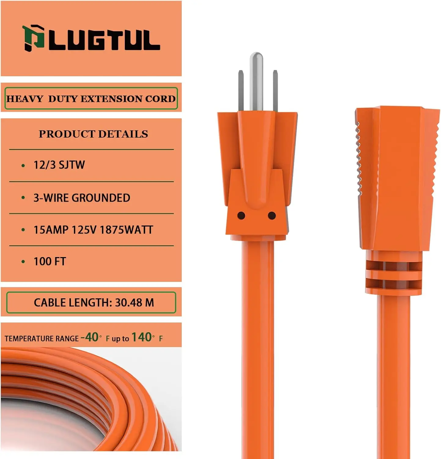 100 FT 12/3 Outdoor Extension Cord Waterproof, Heavy Duty 12 Gauge SJTW Extension Cord, 15A 1875W, ETL Listed,