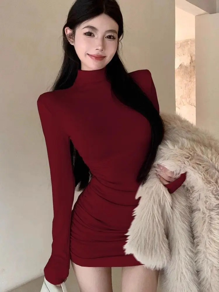 

Autumn and winter new Spice Girl semi-turtleneck long-sleeved dress pure desire high sense waist slim fit thin pleated hip skirt