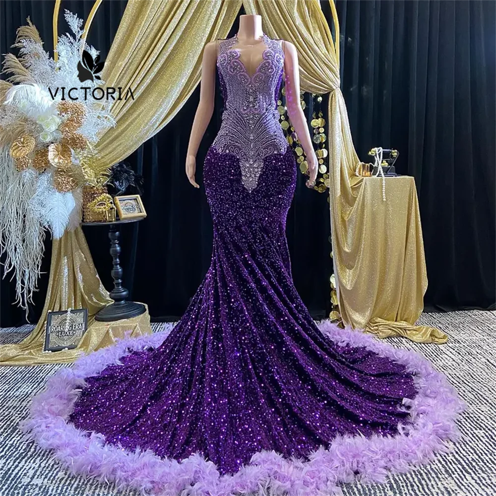 

Shinning Puple Fethers Luxury Prom Dresses 2025 Black Girls Beaded Rhinestones Mermaid Wedding Party Gowns Birthday Customized