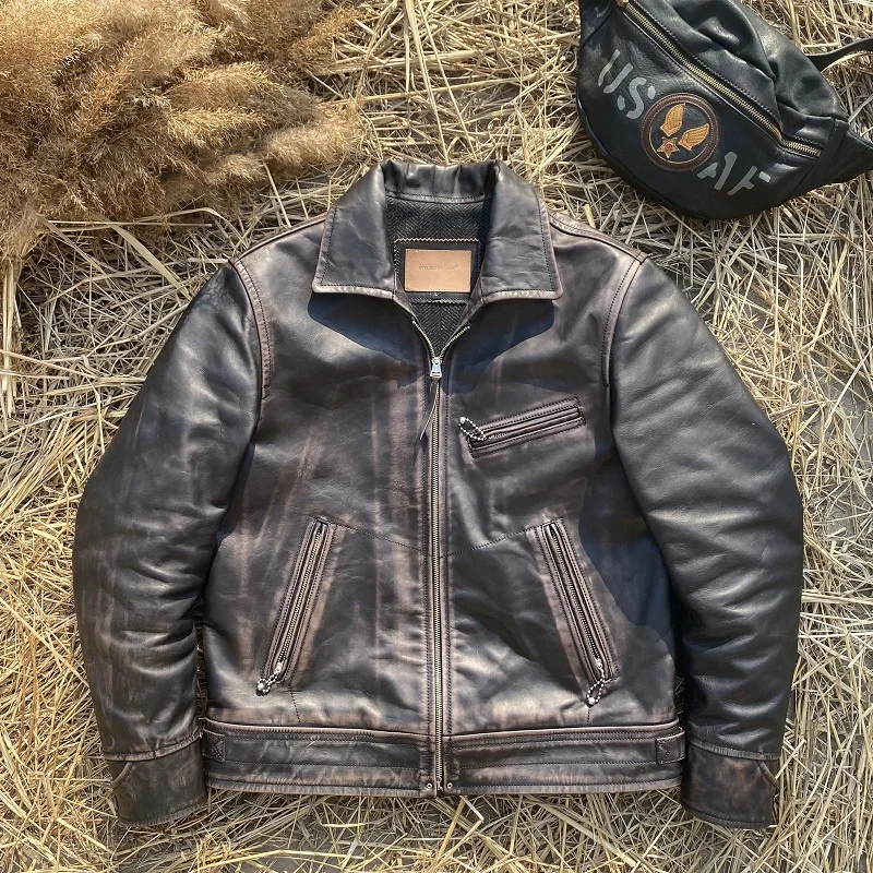 Vintage men Free shipping.Luxury brown horsehide jacket.quality Classic motor style genuine leather cloth.short slim biker cloth