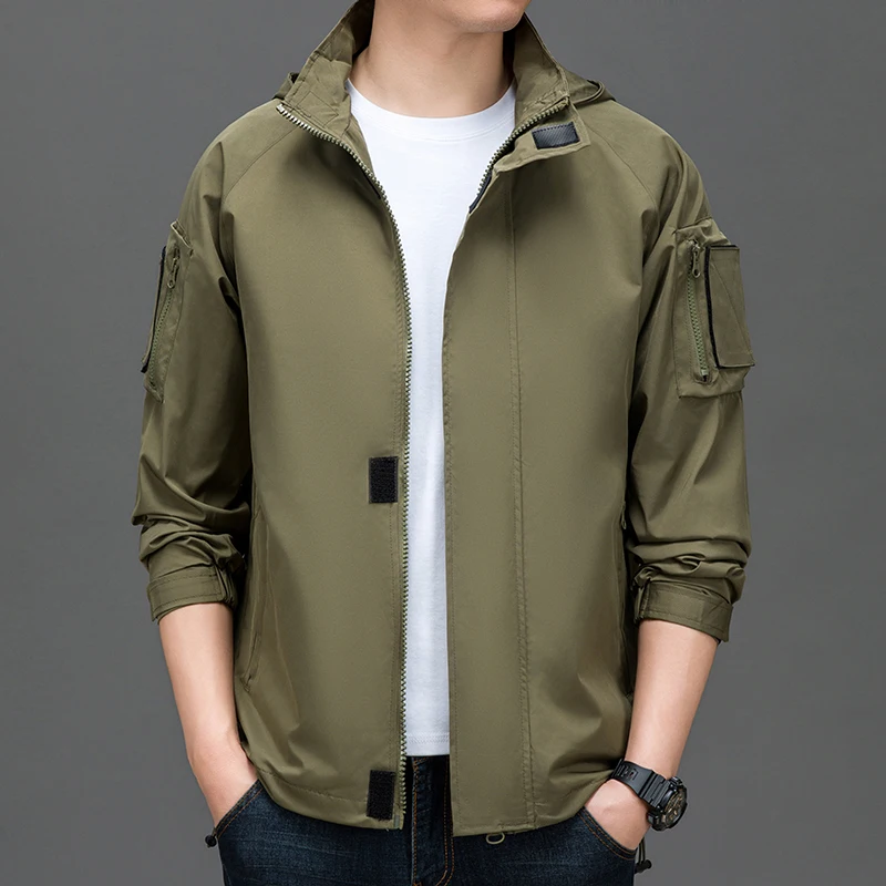 

Men Casual Hooded Jackets Beige Army Green Black Outerwear Lightweight Multiple Pockets Design CoatFour Seasons Clothes Fashion