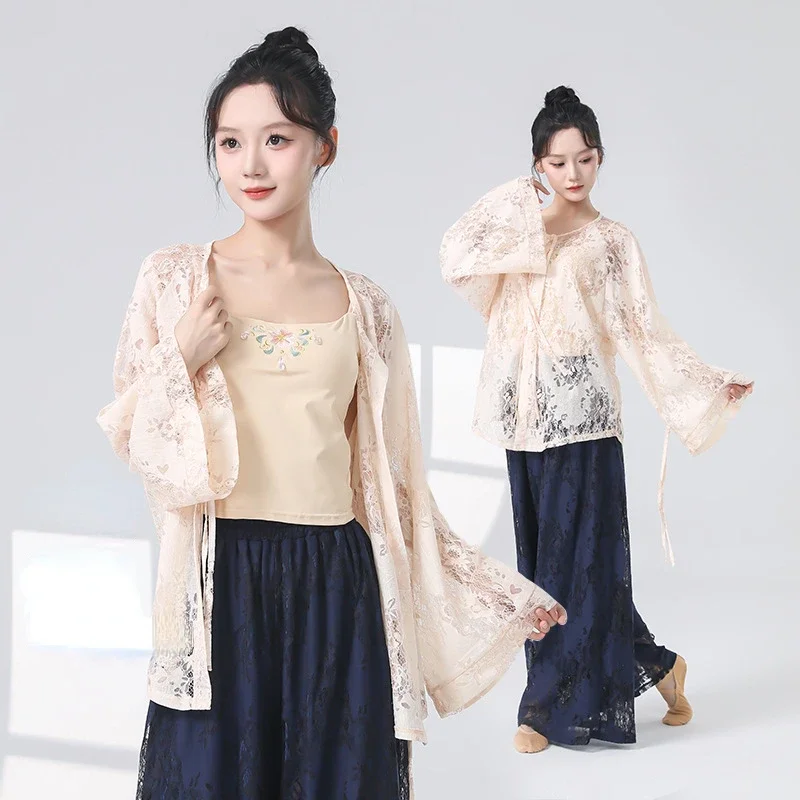 Classical Dance Tops Elegant Gauze Garment Hollow-out  Neo-Chinese Style Jacquard See-through Ribbon Cuffs Ethnic Modern Dance