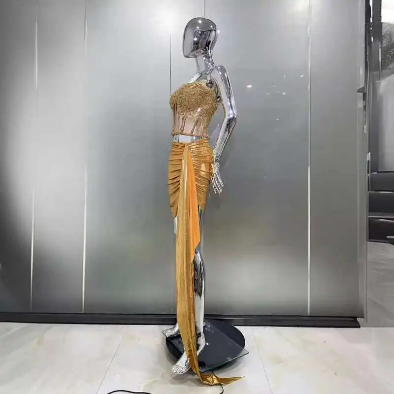LEOSOXS Golden Shiny Diamond เซ็กซี่ Sheer Hot สไตล์ Gold Sheer Tube Top + แฟชั่น Hot Party Performance Dress กระโปรงสั้น