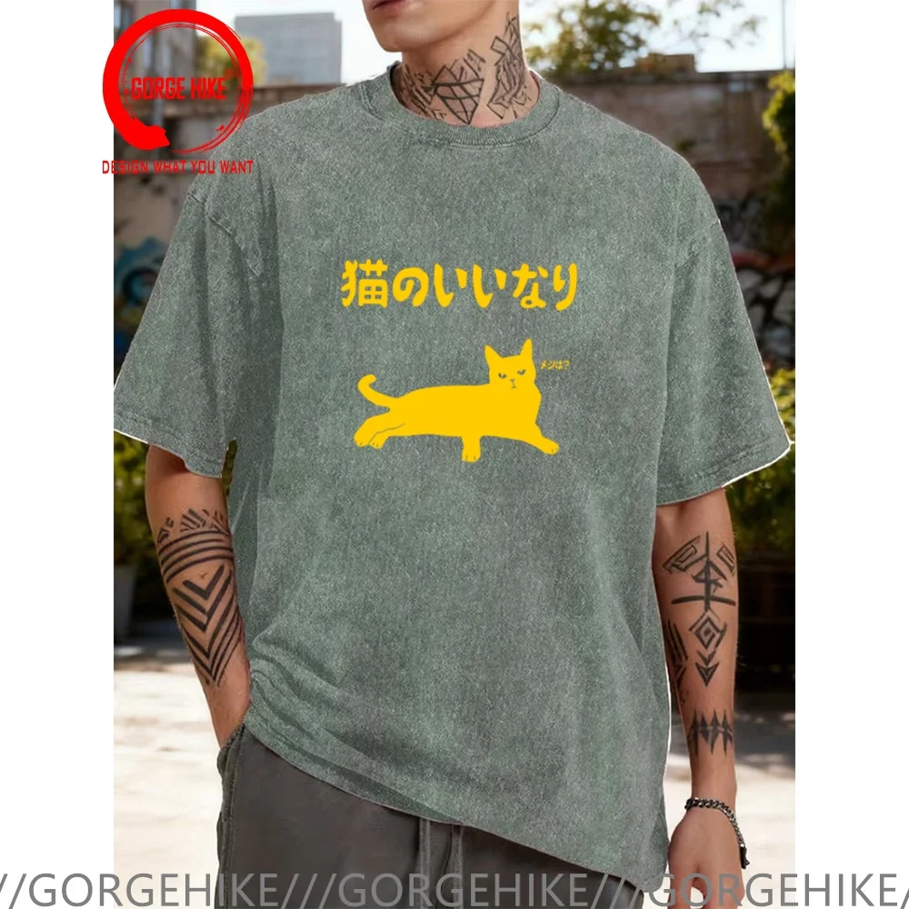 Vintage Washed Cotton T-Shirt Funny Designer Japanese Kanji Black Cat T Shirt Men Fashion Trendy Casual Clothing Stylish Tops