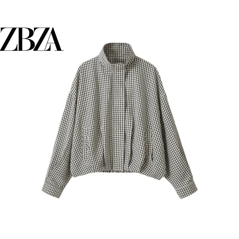 Fashionable Plaid Flight Jacket Coat Long Sleeve Stand Collar Women's Casual Style Polyester Fiber Autumn Season New Arrival