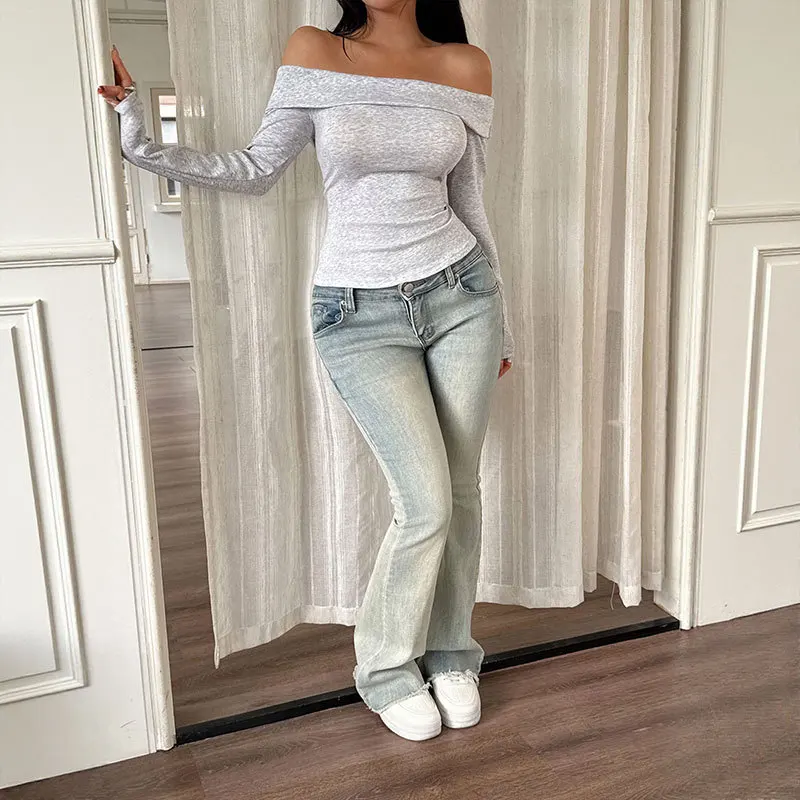 トップス レディース オフショルダー 長袖 セクシー Y2K ストリートウェア エレガント Tシャツ パーティー ワーク カジュアル レギュラー ボディコン 2025