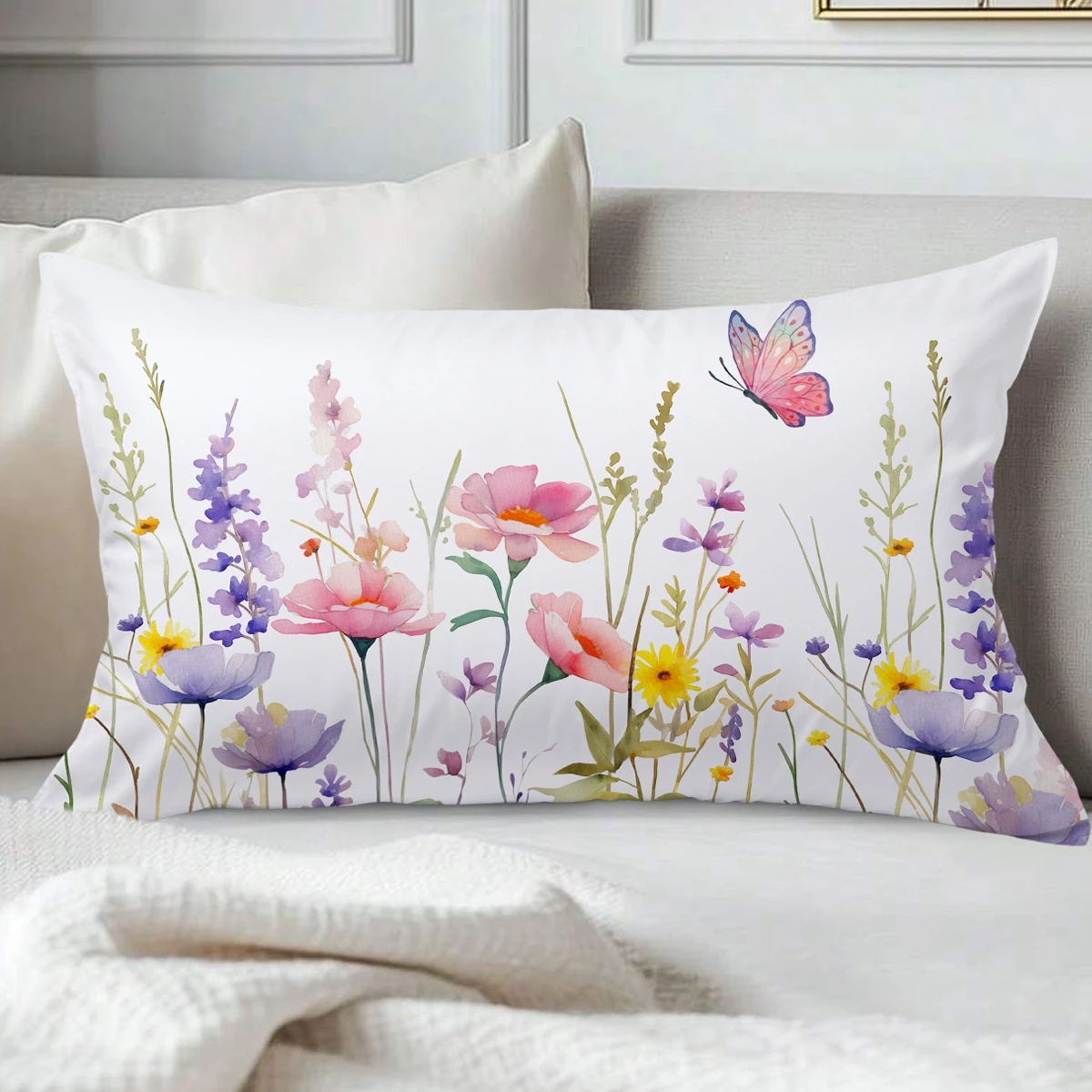 50x30cm Wild Flowers Spring Butterfly Plants Bed Pillowcase Travel Bedroom Pillow Cover Rectangle Small Waist Pillow Decor Sofa