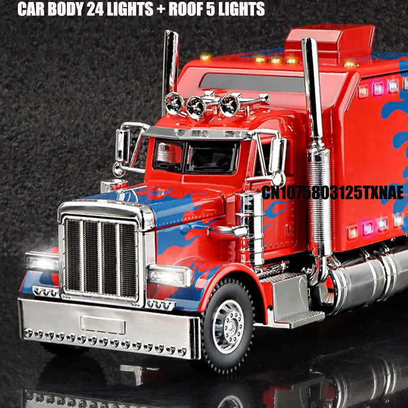 1:24 Peterbilt 389-Optimus Prime 프로토 타입 자동차 모델, 합금 트레일러 헤드, 다이캐스트 장난감, 소리와 빛이 나는 자동차 장난감