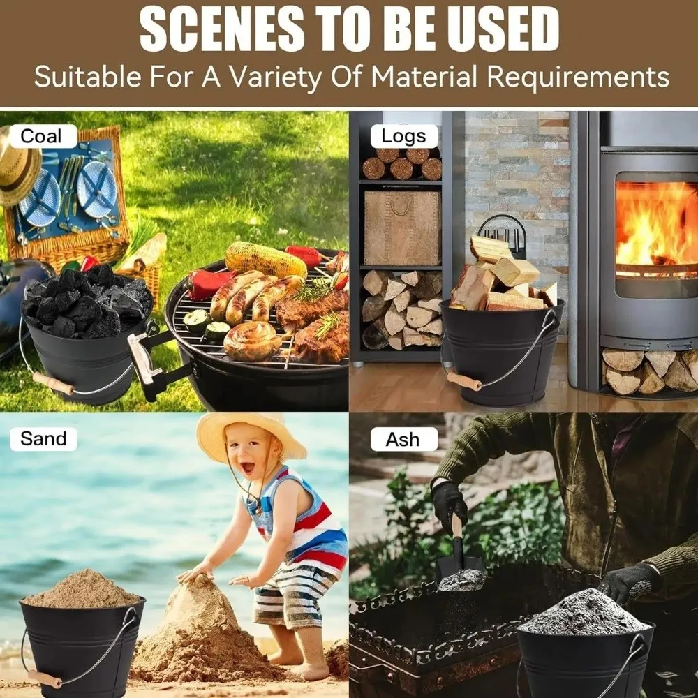 Ash Removal Fireplace Ash Bucket Heavy Duty Large Capacity Ash Shovel Brush Bucket Set Rust Resistant with Lid