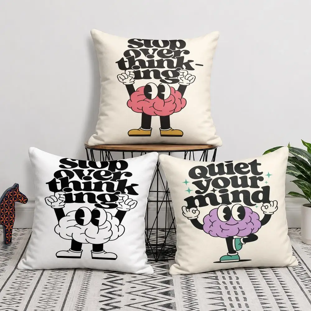 Brain Retro Cartoon Quotes Cushion Cover Silky Short Plush Invisible Zipper Dustproof Sofa Pillow Case For Home Decor