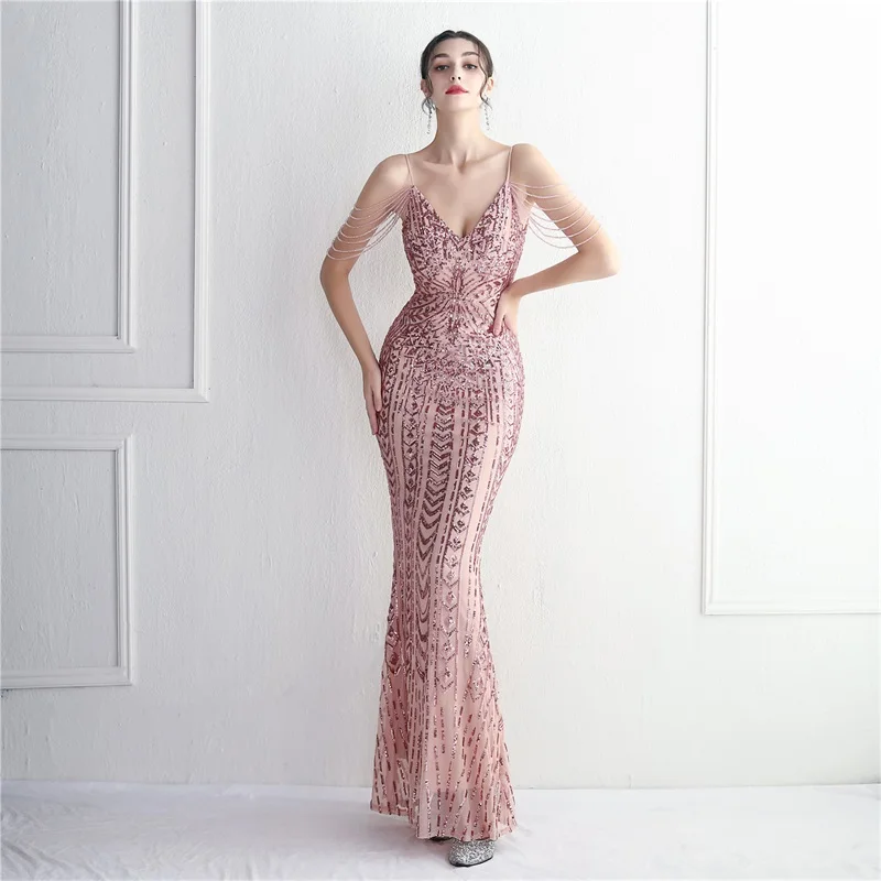 Elegant V-neck Sequin Evening Dress Sexy Suspender Long Prom Gown Beaded Shoulder Sleeves Slim Fit Fishtail Formal OccasionRobes