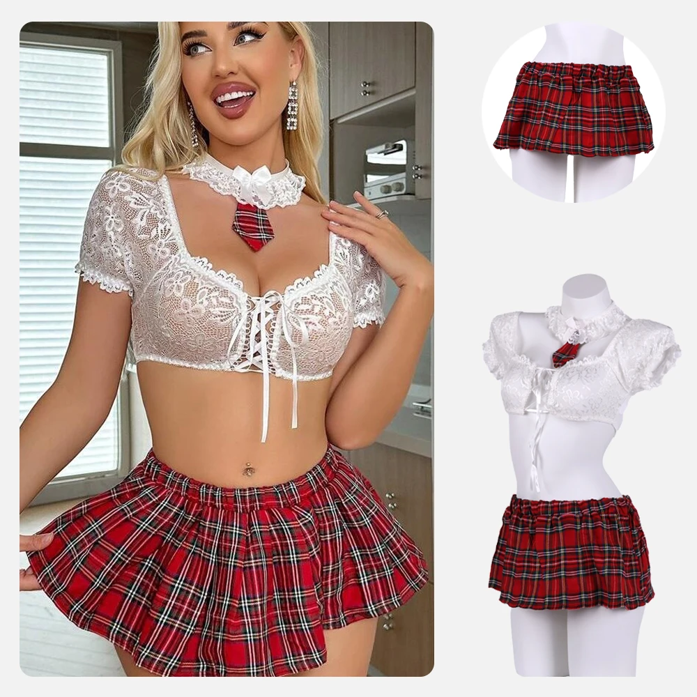 

Cosplay Uniform Sexy Lingerie Suit for Women Lace Mesh See-through Lace Up Top Plaid Pleated Skirt Halter Women's Underwear Set