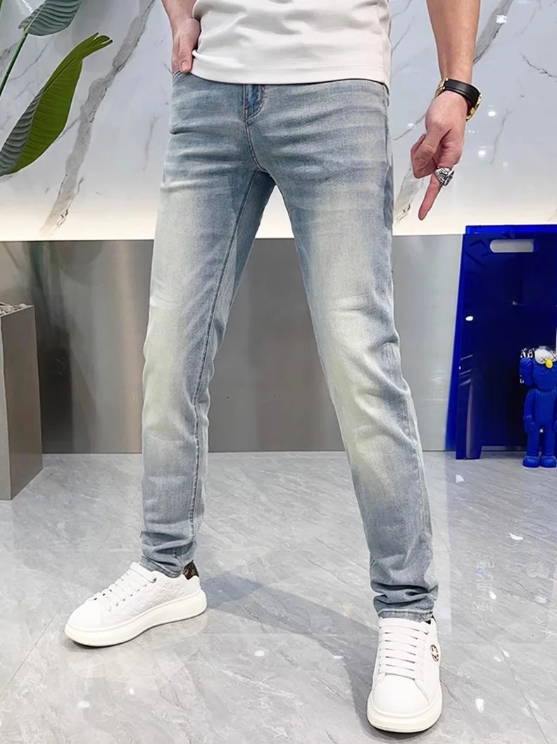 

Slim Fit Light Wa Pure Color Men's Jeans Spring Summer Versatile Korean Sle Casual Long Pants High Waist Zipper Closure