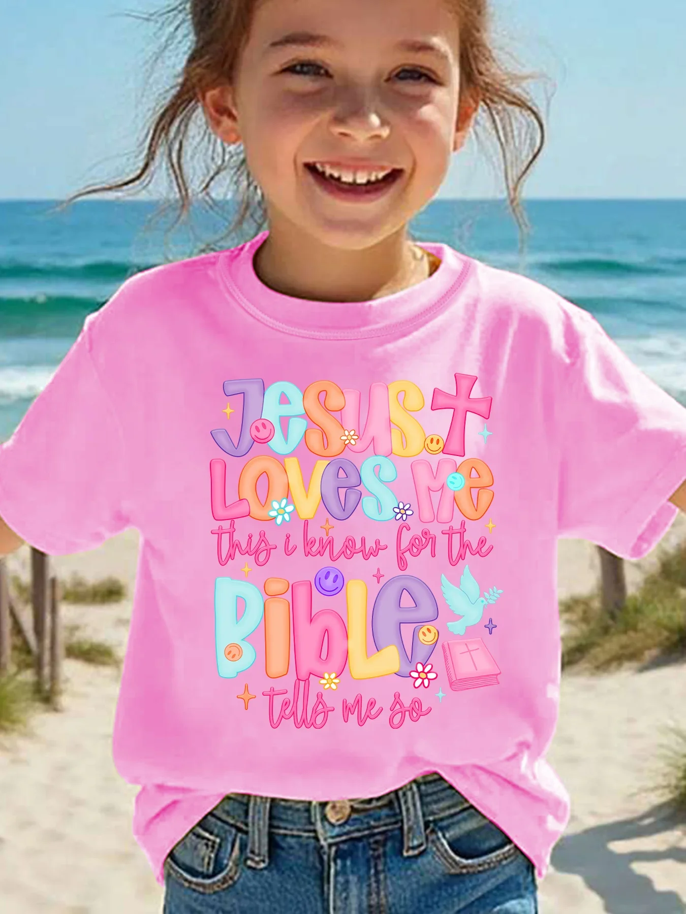 Kids Faith T Shirt Jesus Loves Me This I Know Cute Rainbow Letter Cross Dove Flower Graphic Toddler Crew Neck Short Sleeve Tee