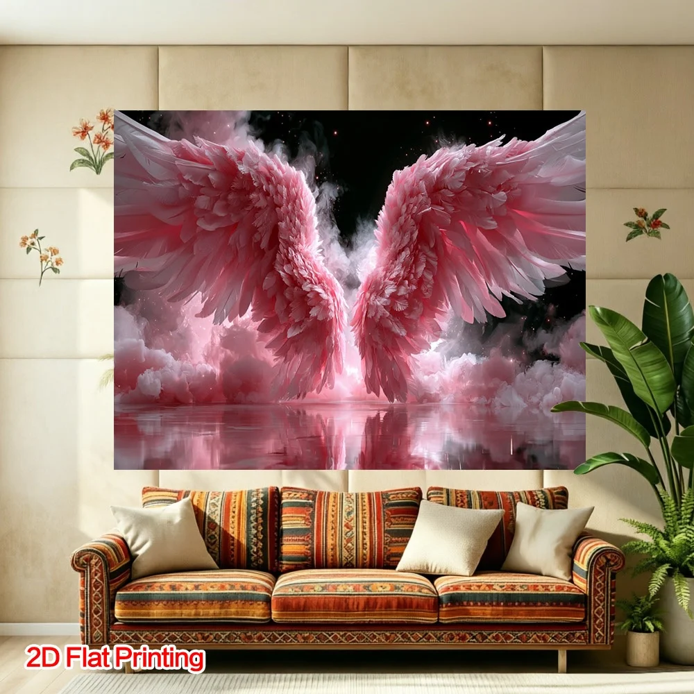 Pink Angel Wings Clouds Galaxy Fantasy Dreamy Tapestry 2D Flat Printing Wall Hanging Backdrop for Girls Bedroom Decor Spiritual