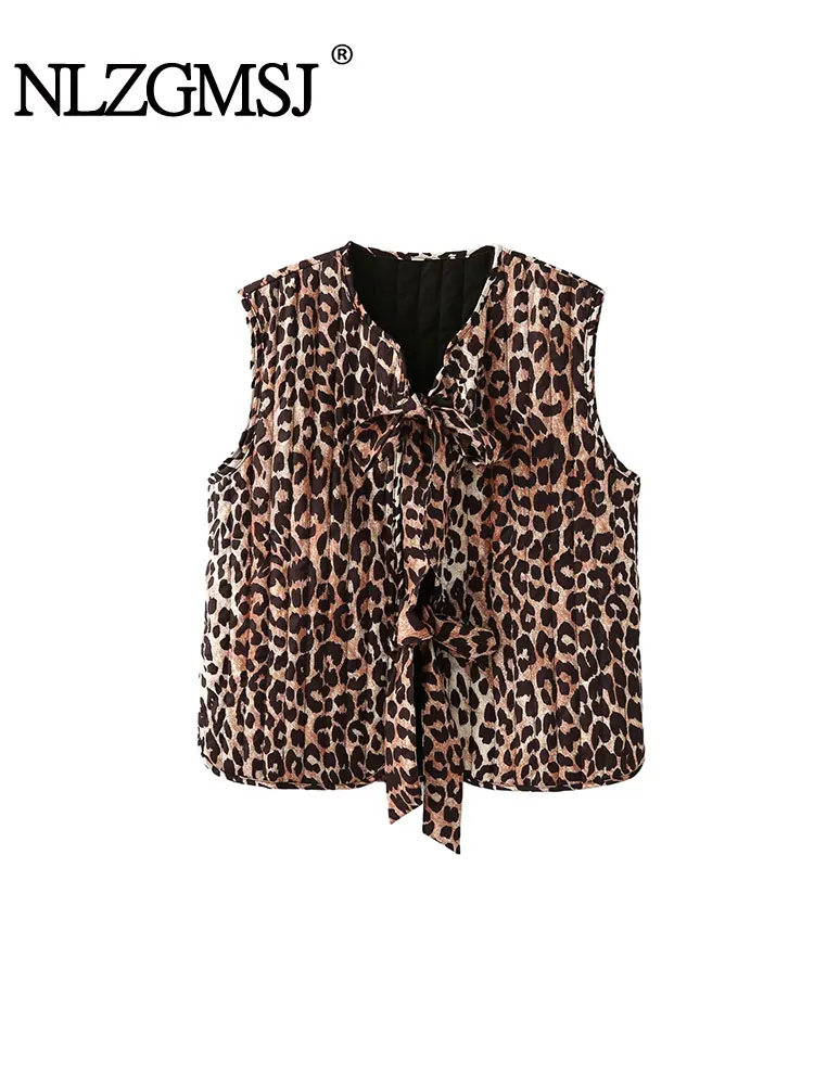 TRAF Autumn Winter Women Waistcoat Leopard Printed Sleeveless Loose Cotton Padded Jacket Vest Bow Lace Up Crop Top Y2K Coat