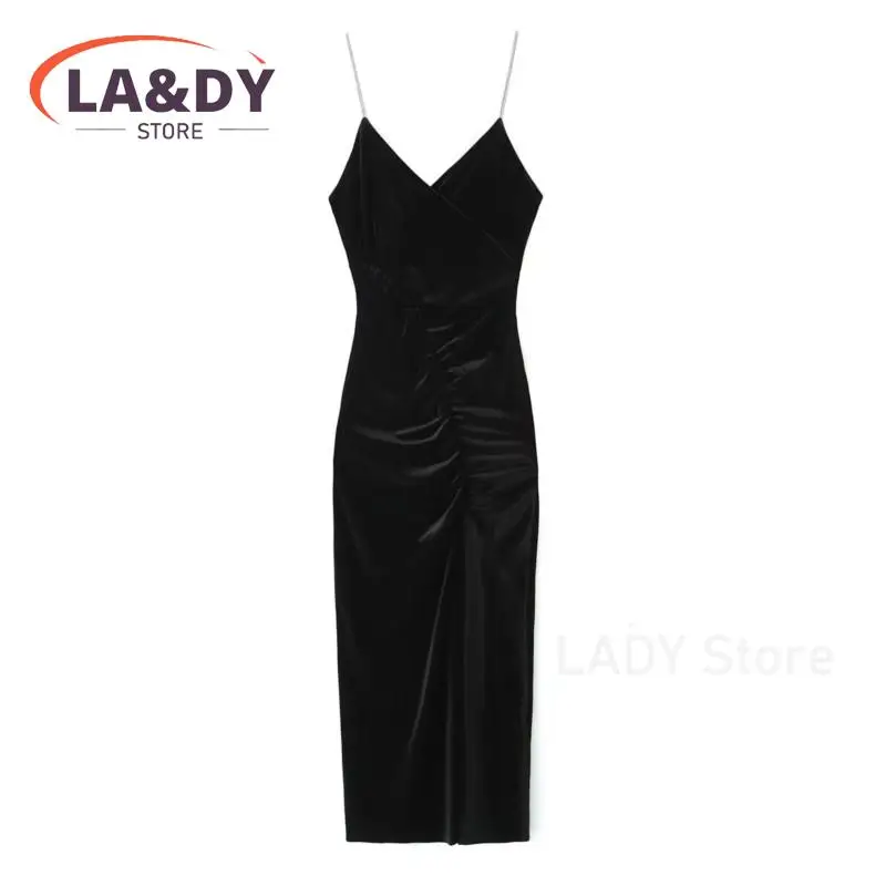 2024 New Women\'s Velvet Suspender Backless Midi Dress Female Slim Chic Black Sexy Bodycon Party Dresses Vestidos