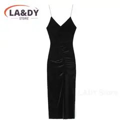 2024 New Women's Velvet Suspender Backless Midi Dress Female Slim Chic Black Sexy Bodycon Party Dresses Vestidos