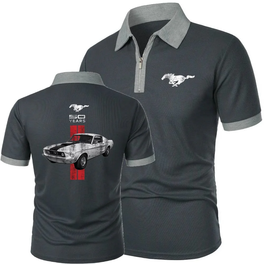 Polos Retro 50 años Mustang Car Tops camiseta contraste Color cremallera solapa camiseta personalidad hombres Golf deportes malla POLOS de algodón