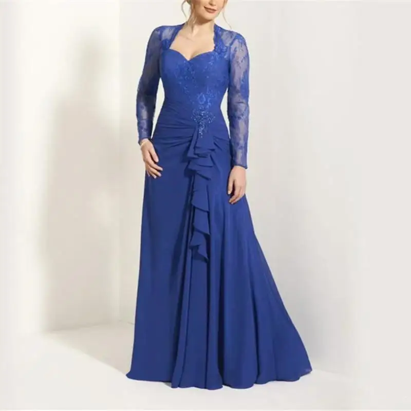 

Blue Mother Of The Bride Dresses A-line Long Sleeves Chiffon Lace Plus Size Long Groom Mother Dresses For Wedding