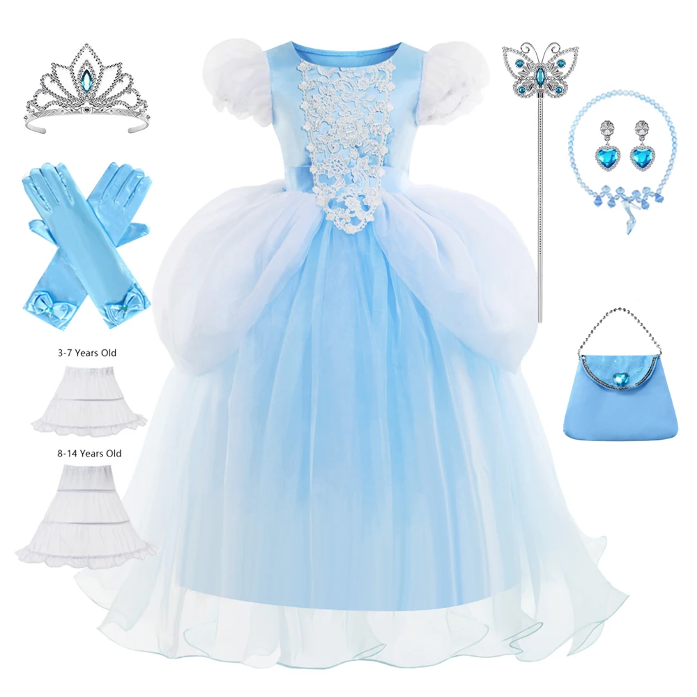 

Blue Cinderella Costume Lace Dress for Kids Birthday Party Role Play Fairy Tale Ball Festival Party Frock Cosplay Gown