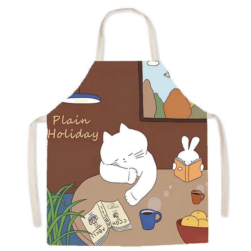 Cute White Cat Printed Apron Cozy Coffee Tea Time Cooking Bib For Women Cafe Barista Baking Pinafore Home Kitchen Accessories view 4